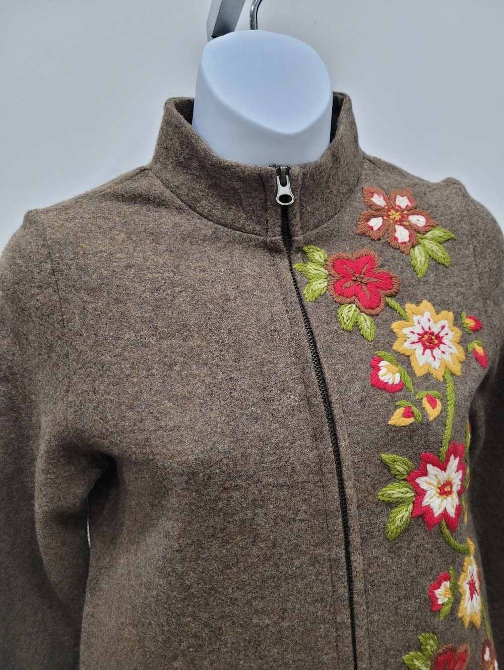 Y2K France Made 85% Wool Brown Embroidery Flower Zip Up Jacket Top Size: XS - Picture 5 of 9